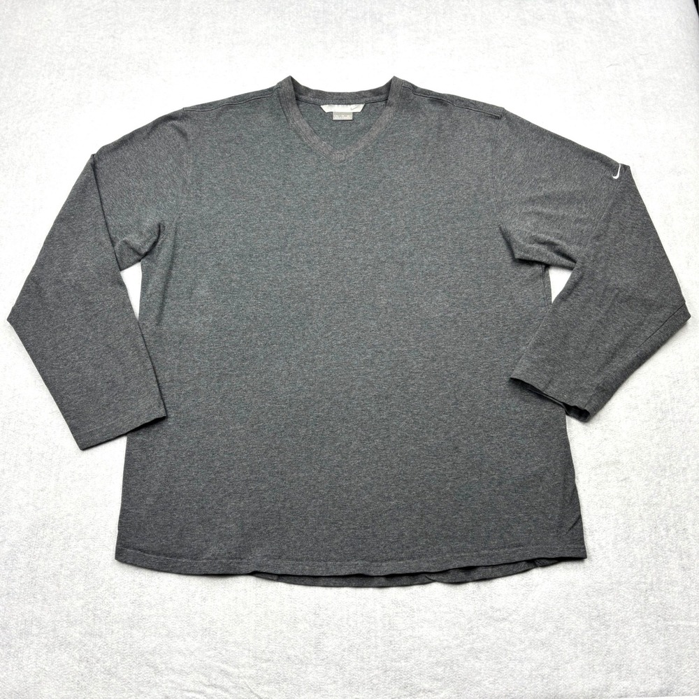 Nike Mens 2XL Charcoal Gray Heather V-Neck Long Sleeve Stretch Shirt Swoosh Golf